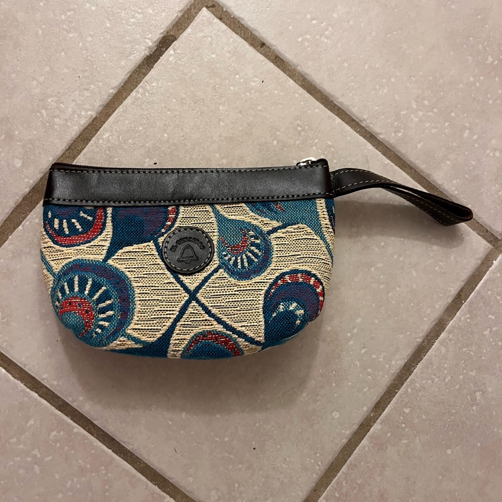 Wristlet Pouch in Teal & Cream with Leather Trim
